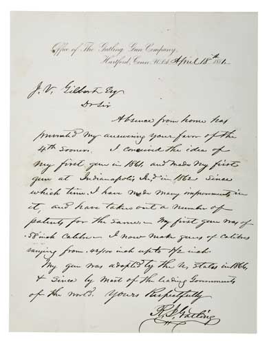 Appraisal: INVENTOR OF THE GATLING GUN GATLING RICHARD J Autograph Letter