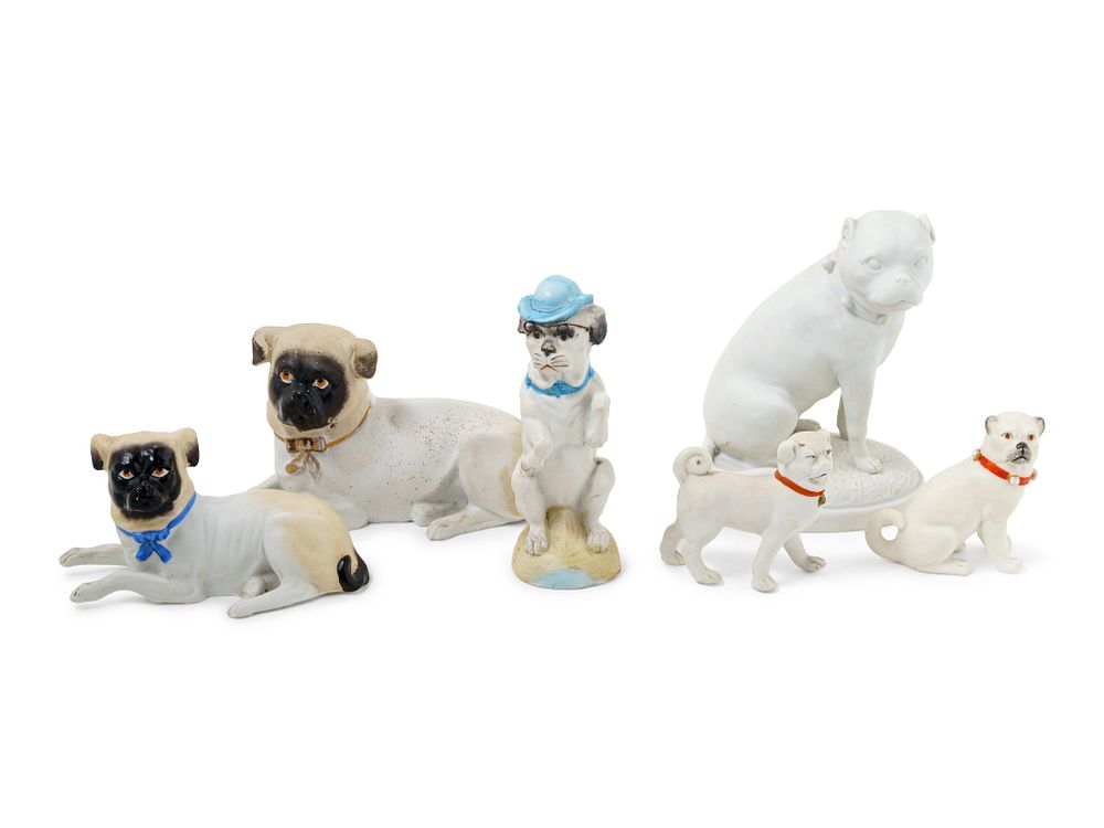 Appraisal: Six Bisque Porcelain Figures of Pugs Six Bisque Porcelain Figures