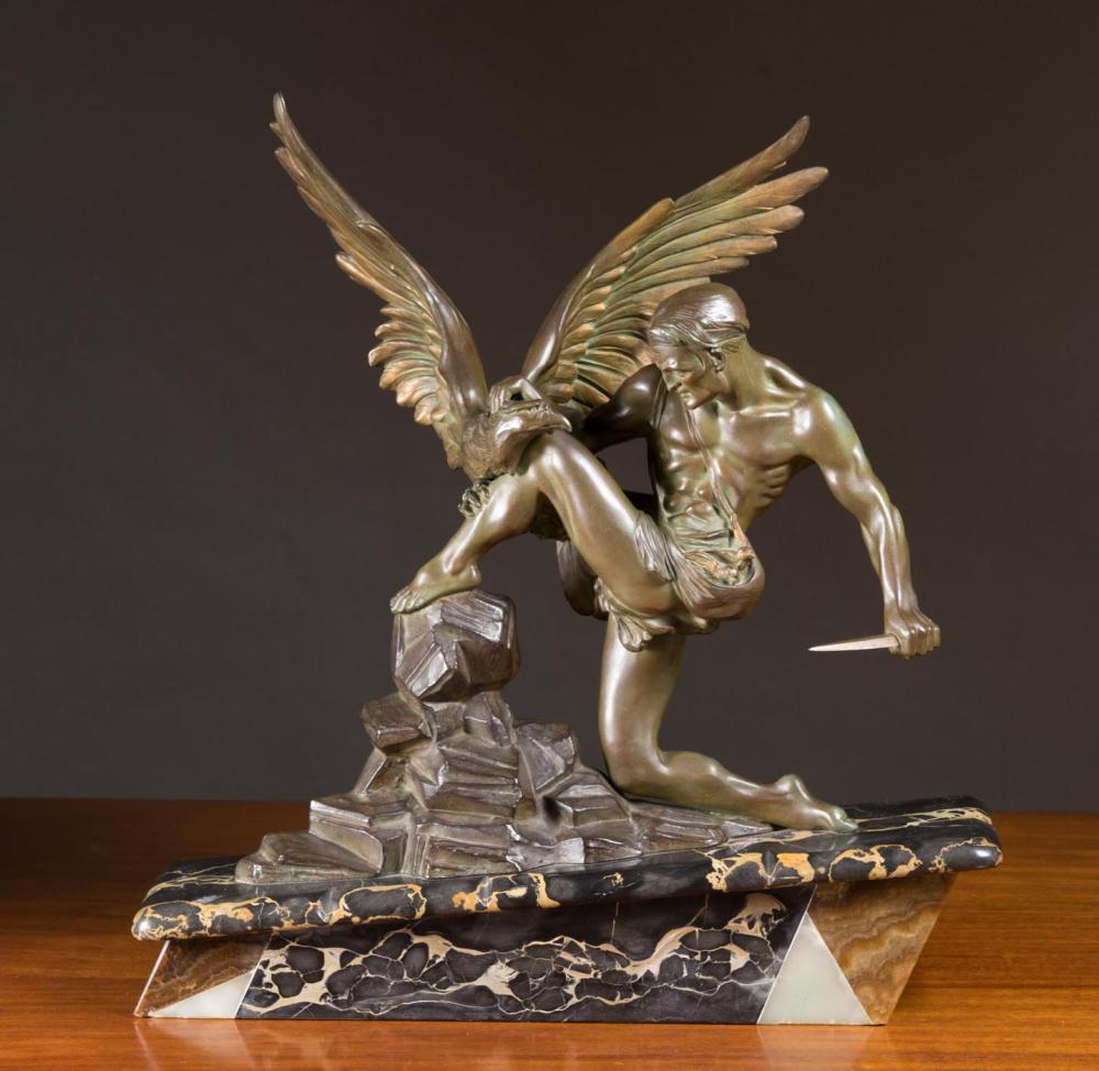 Appraisal: ART DECO BRONZED SPELTER SCULPTURE Hercules Eagle surmounting a sloped