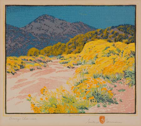 Appraisal: GUSTAVE BAUMANN Arroyo Chamisa Color woodcut x mm x inches