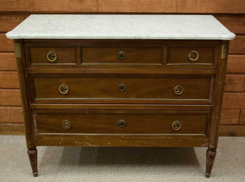 Appraisal: LOUIS XVI STYLE MARBLE-TOP MAHOGANY COMMODE Belgian mid- th century