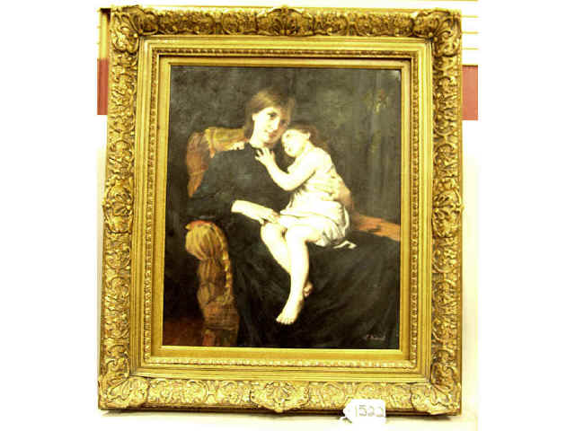 Appraisal: Large ornately framed artist signed woman and child