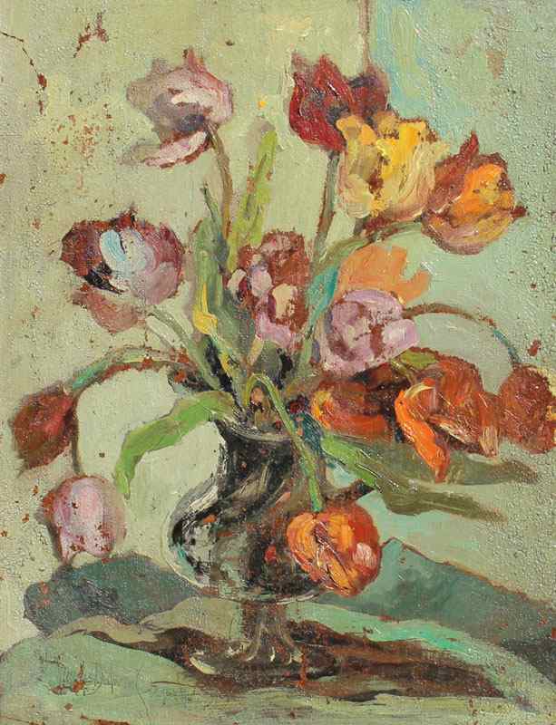 Appraisal: ILLEGIBLY SIGNED IMPRESSIONIST FLORAL STILL LIFE PAINTING Oil Masonite ''