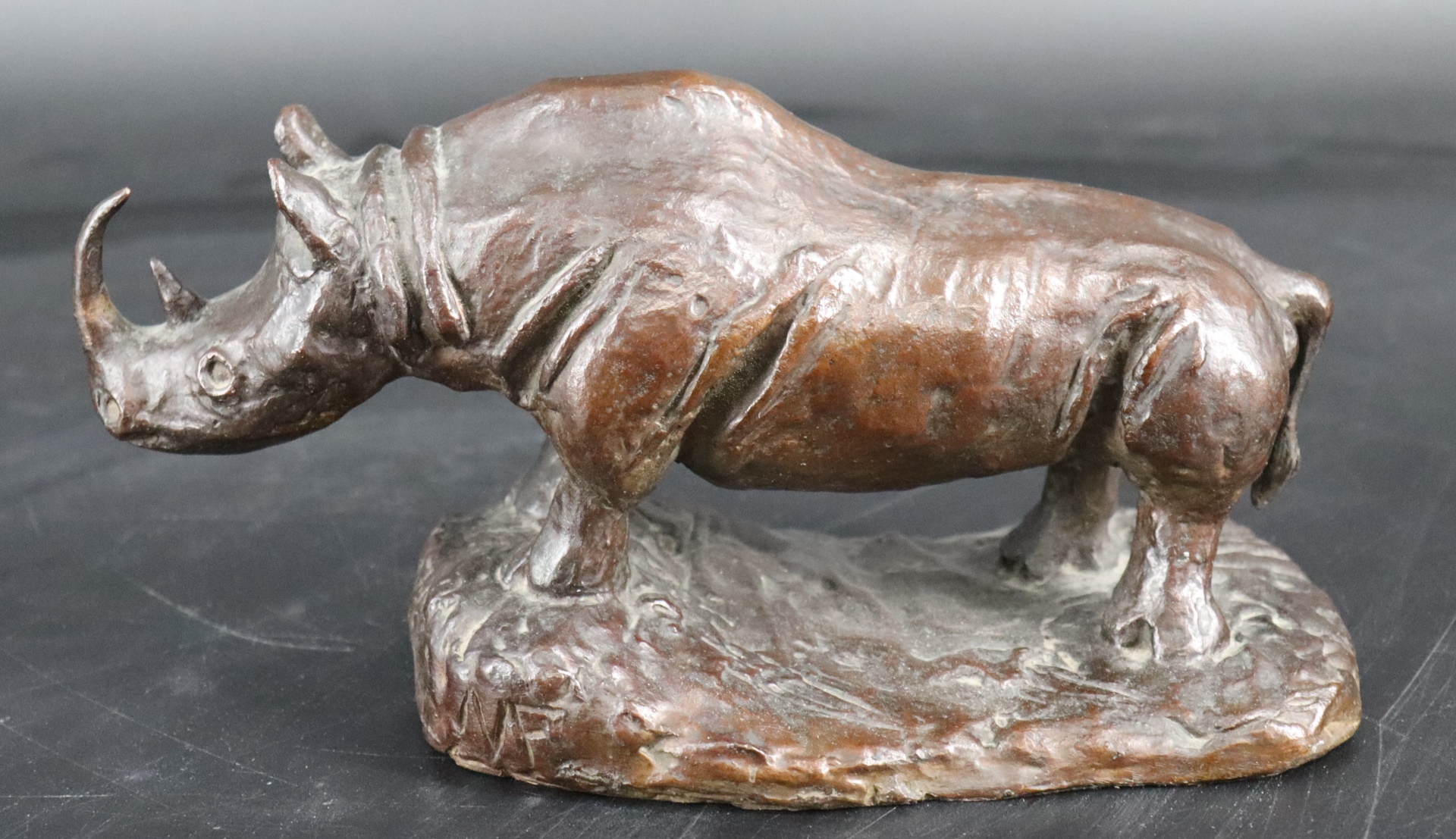 Appraisal: A F MONOGRAMMED BRONZE RHINO SCULPTURE Very well executed Nice