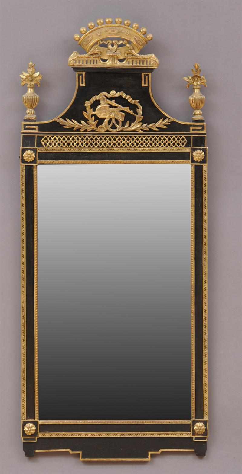 Appraisal: SWEDISH NEOCLASSICAL CARVED BLACK-PAINTED AND PARCEL-GILT MIRROR The beveled plate