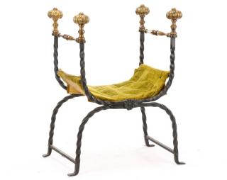 Appraisal: Hollywood Regency Wrought Iron Curule Bench Continental mid th century