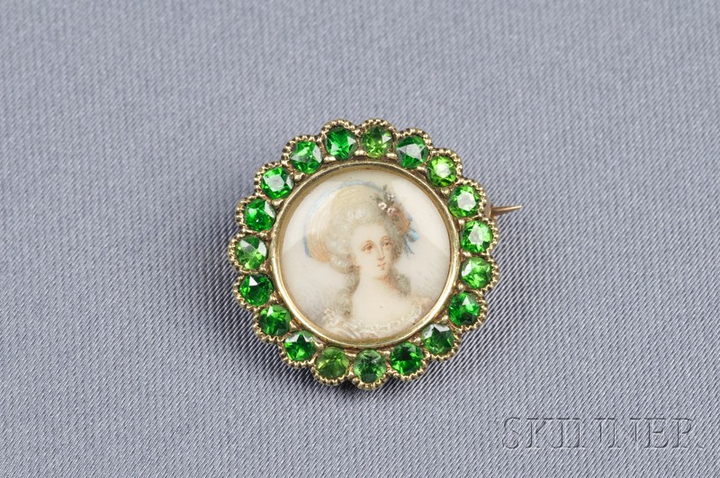 Appraisal: Antique kt Gold and Demantoid Garnet Portrait Brooch the portrait