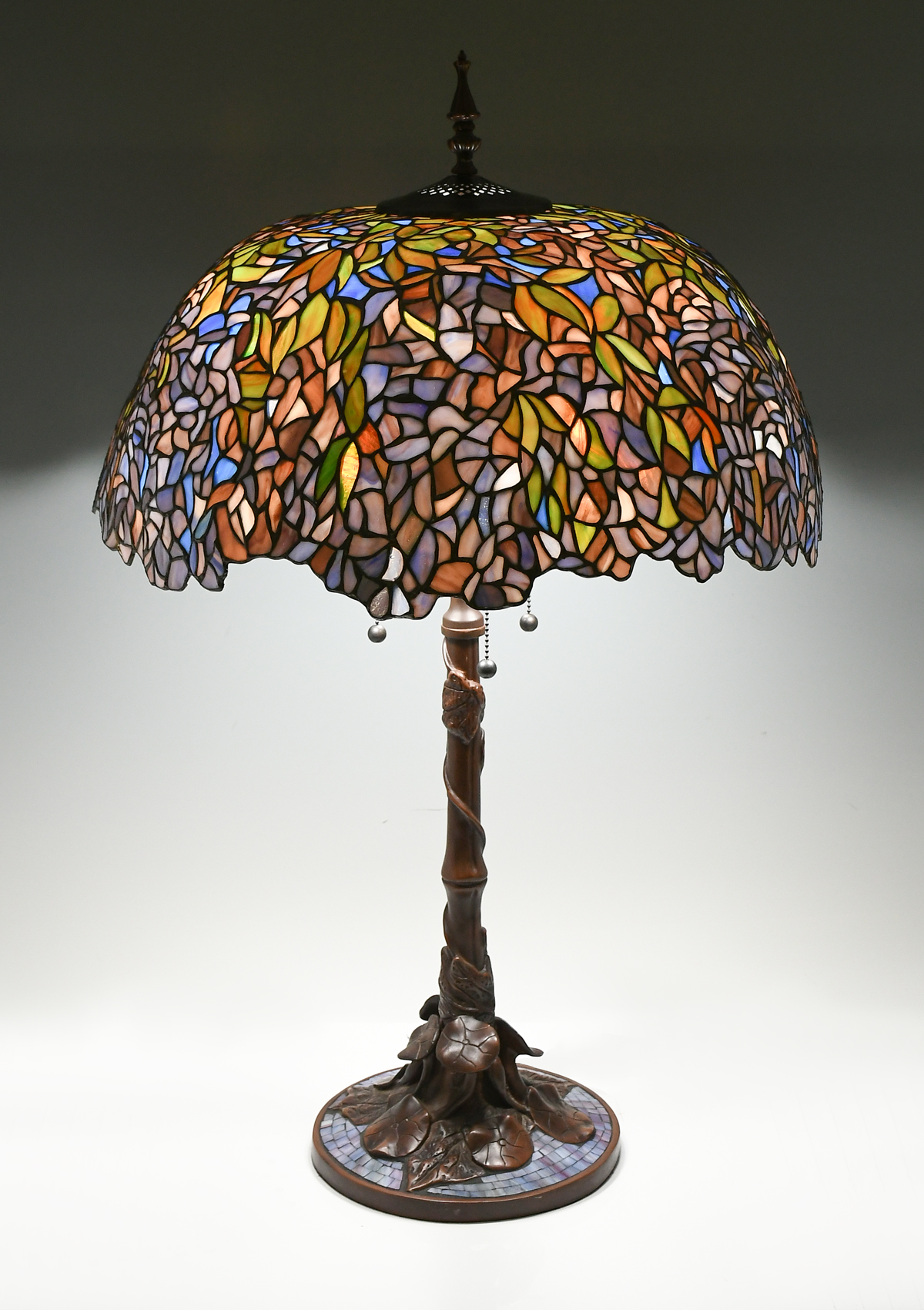 Appraisal: TIFFANY STYLE WISTERIA STAINED GLASS TABLE LAMP Wisteria motif stained