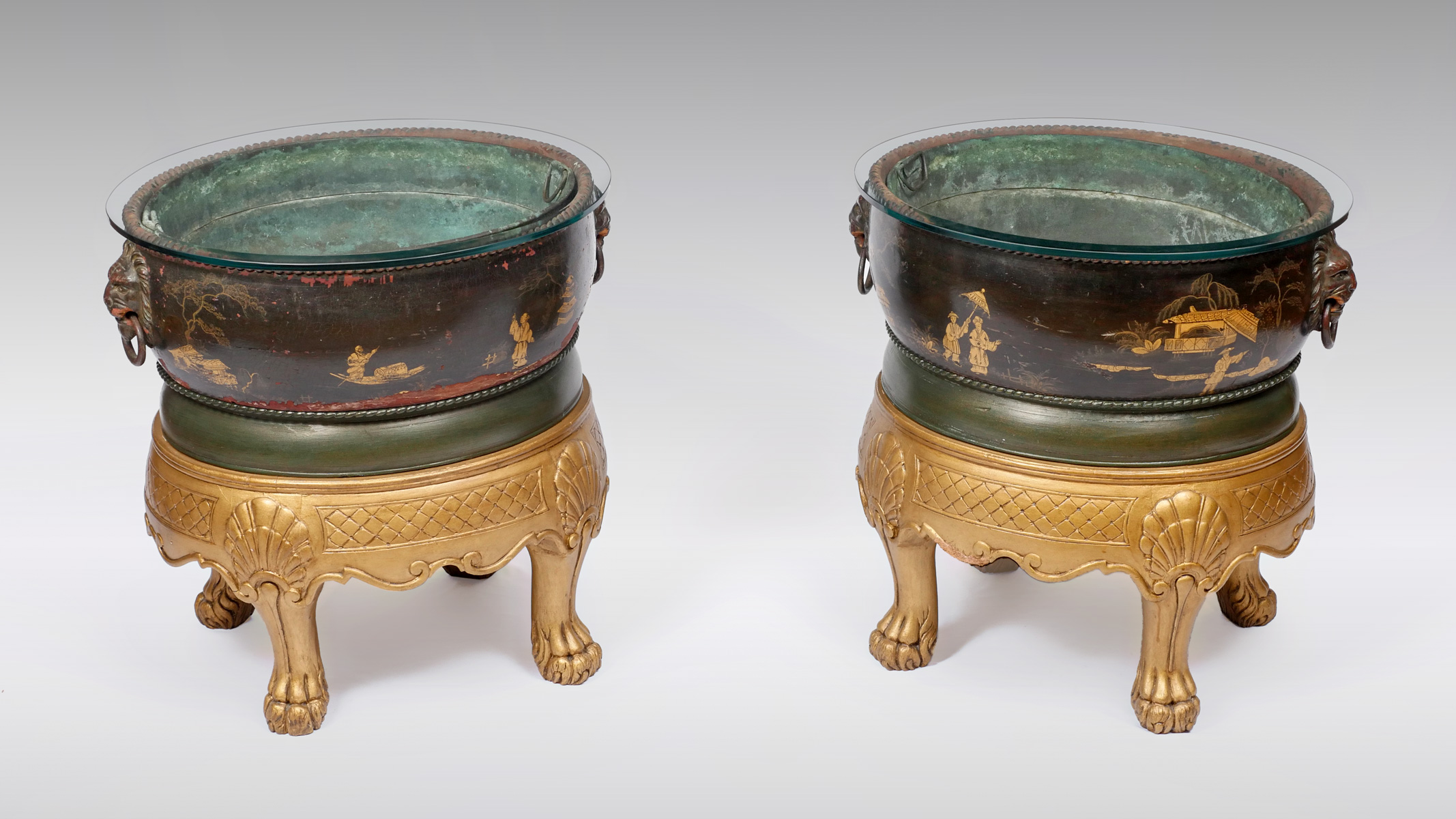 Appraisal: PAIR OF GLASS TOP CHINOISERIE PLANTER LAMP TABLES - Beveled