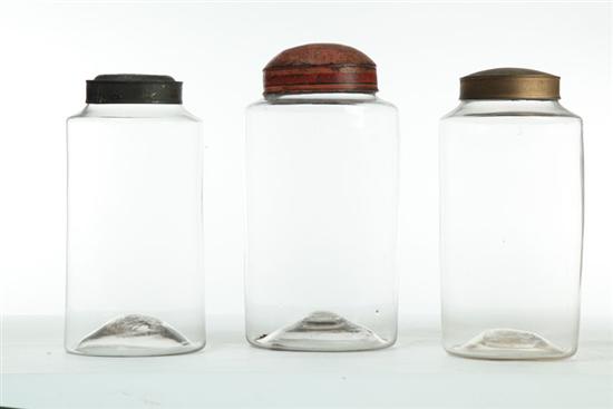 Appraisal: THREE BLOWN GLASS JARS WITH TIN LIDS American mid th