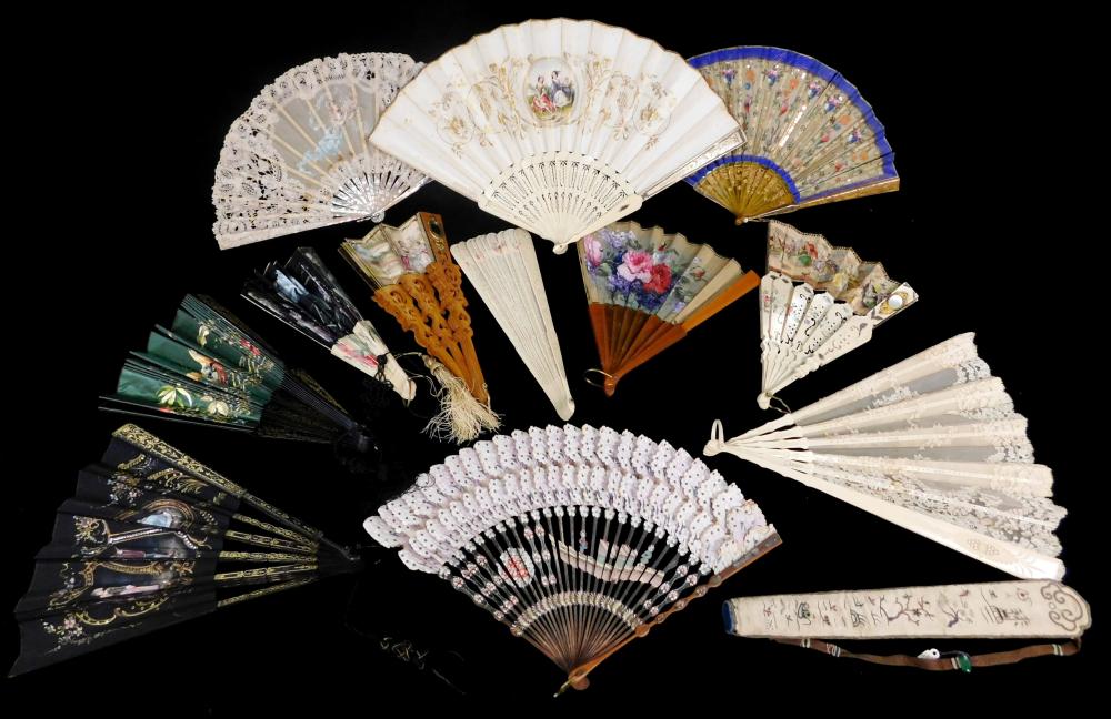 Appraisal: Twelve fans many with hand-painted decoration materials include celluloid ivory