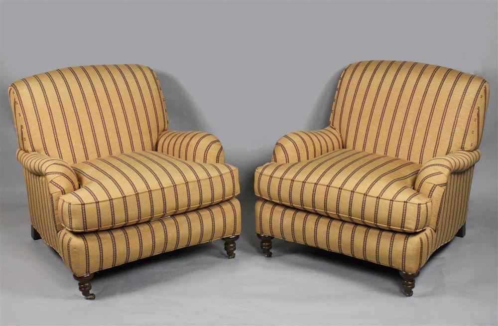 Appraisal: PAIR OF YELLOW STRIPED LEE CLUB CHAIRS each having an