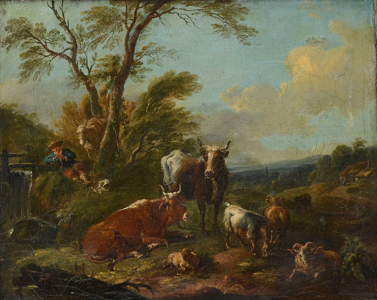 Appraisal: EXCEPTIONAL EARLY PAINTING OF A YOUNG BOY CATTLE SHEEP O