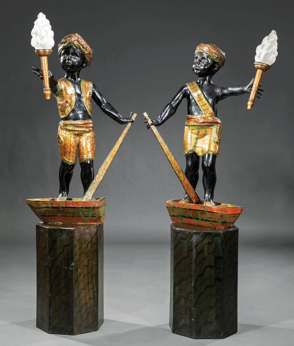 Appraisal: Pair of Antique Italian Polychrome Blackamoor Torch res modeled standing