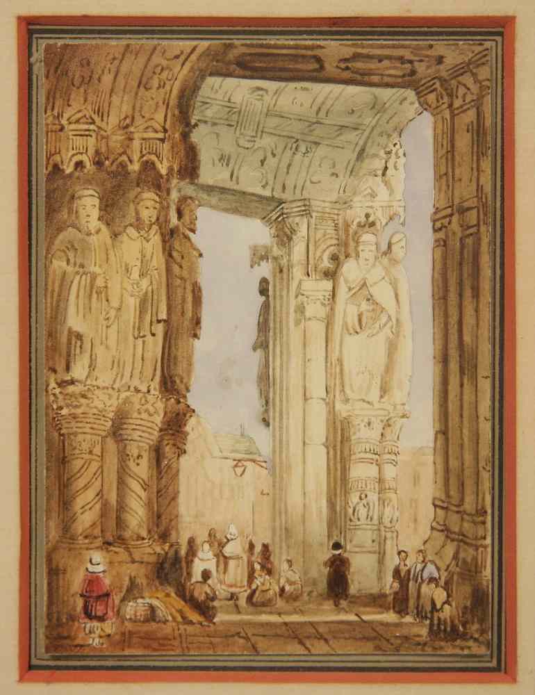 Appraisal: INK WATERCOLOR - Early Cathedral Portico with Figures by Samuel