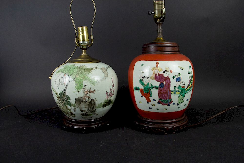 Appraisal: Two Chinese Ginger Jars Mounted as Lamps th century One