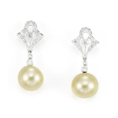 Appraisal: Pair of Diamond and Golden Cultured Pearl Pendant-Earrings Estimate -