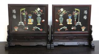 Appraisal: A Pair Of Hardwood Mounted Table Screens A Pair Of