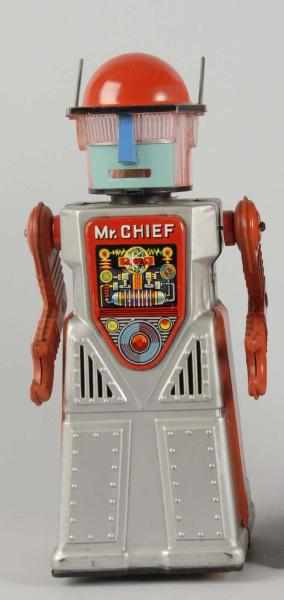 Appraisal: Tin Litho Chief Smoky Robot Battery-Operated Toy Description Japanese Working