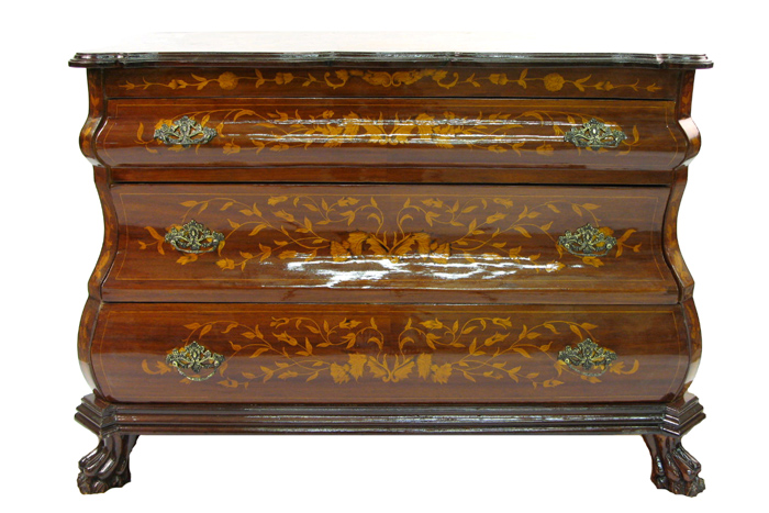 Appraisal: A DUTCH MARQUETRY CHEST bombe form mahogany case inlaid with