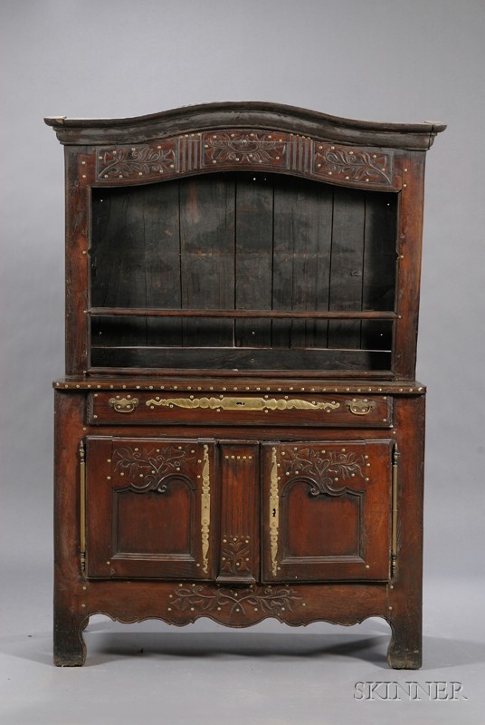 Appraisal: French Provincial Brass-mounted and Carved Oak Two-part Side Cabinet th