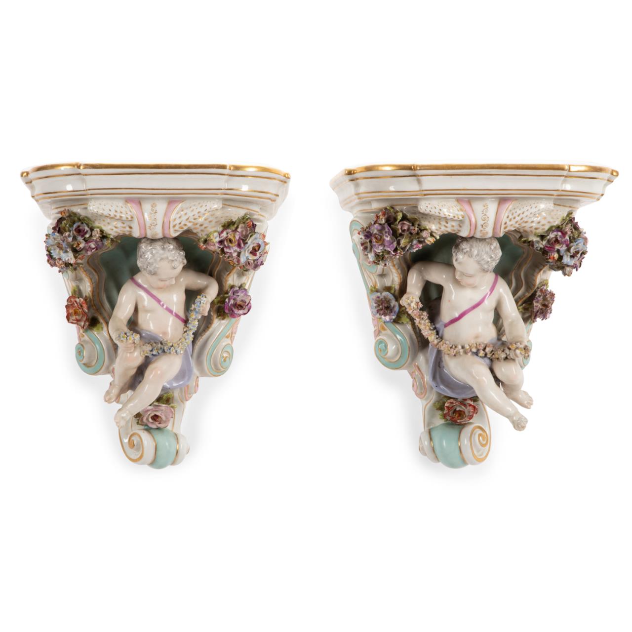 Appraisal: PR MEISSEN STYLE PORCELAIN WALL BRACKETS Pair of Samson et