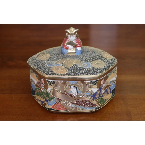 Appraisal: Large lidded Japanese Satsuma box of hexagonal shape raised slip