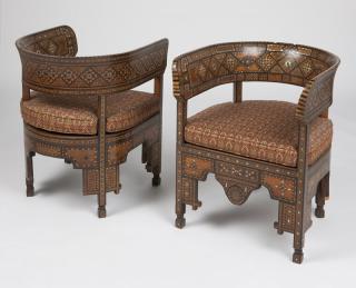 Appraisal: A pair of Syrian parquetry barrel chairs Second half th