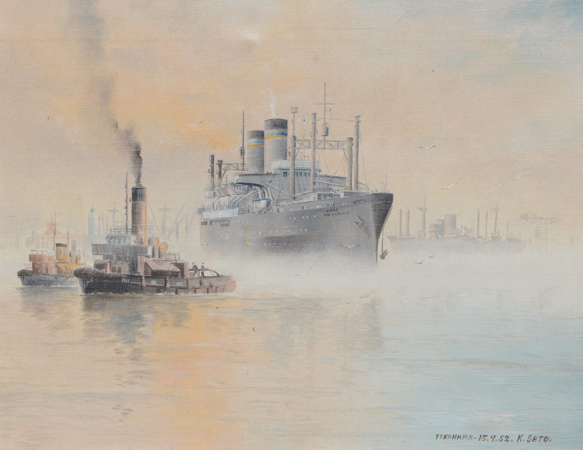 Appraisal: K SATO YOKOHAMA HARBOR PAINTING Yokohama Harbor Oil Canvas ''