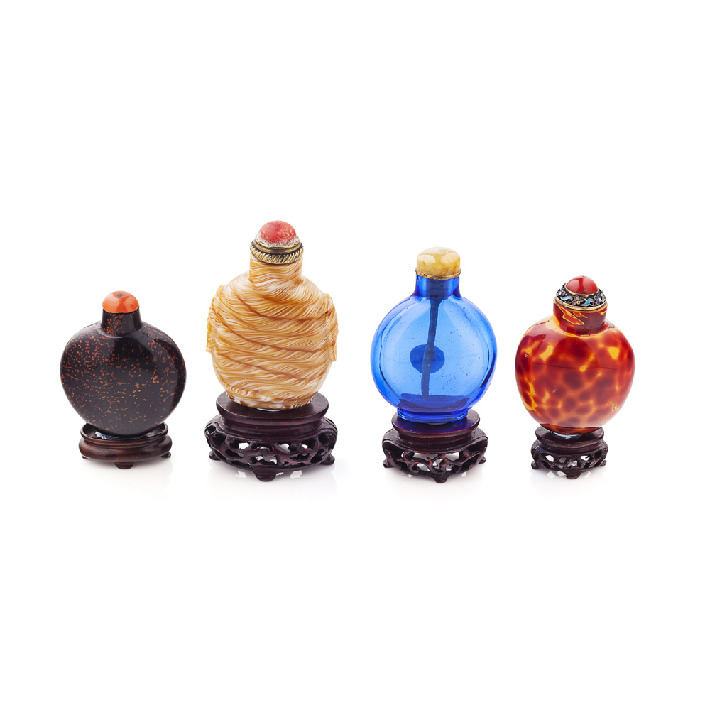 Appraisal: YFOUR GLASS SNUFF BOTTLES comprising a spiral glass bottle imitating