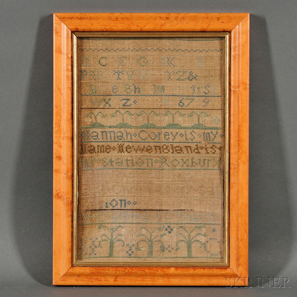 Appraisal: Needlework Sampler Hannah Corey Roxbury Massachusetts worked in silk threads