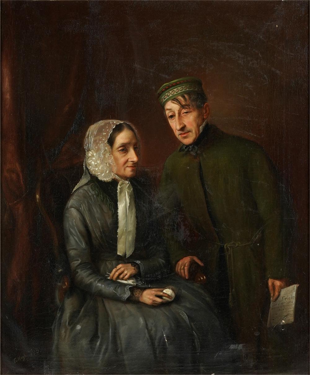 Appraisal: TH CENTURY MAN WITH SEATED WOMAN oil on canvas signed