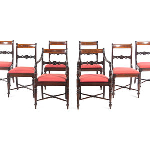 Appraisal: A Set of Eight Regency Style Mahogany and Satinwood Dining