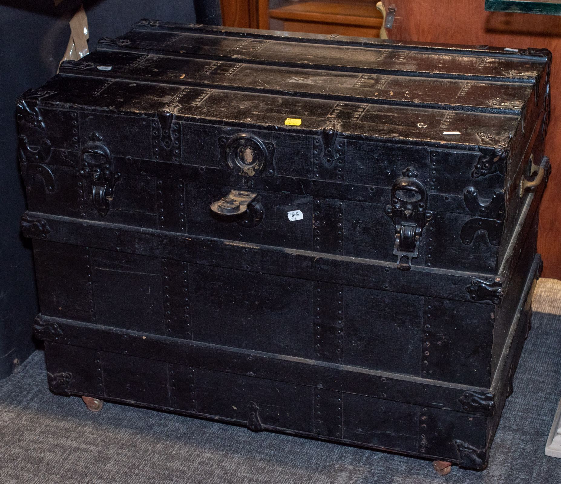 Appraisal: VINTAGE STEAMER TRUNK WITH TRAY Circa with later black paint