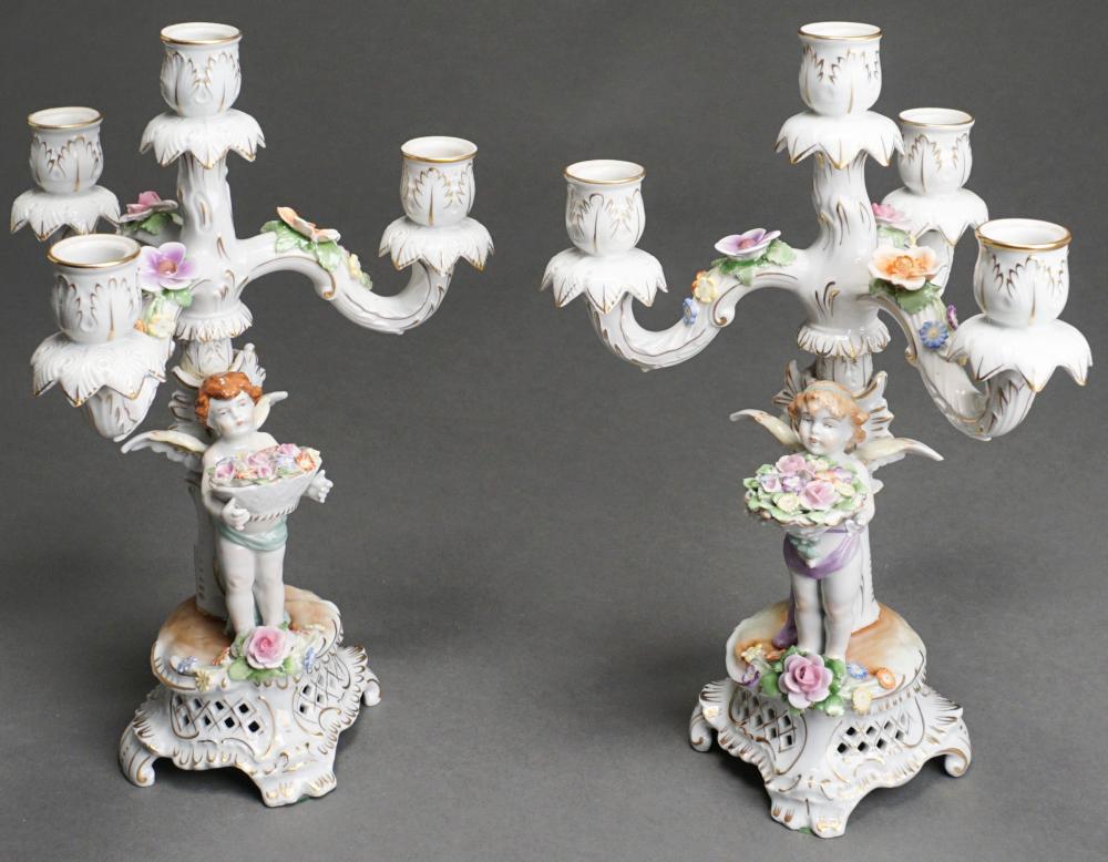 Appraisal: Pair Von Schierholz Painted Porcelain Four-Light Candelabra H in cm