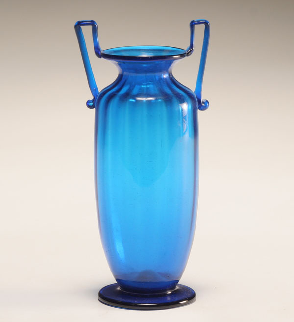 Appraisal: Murano soffiati blue handled art glass vase c H