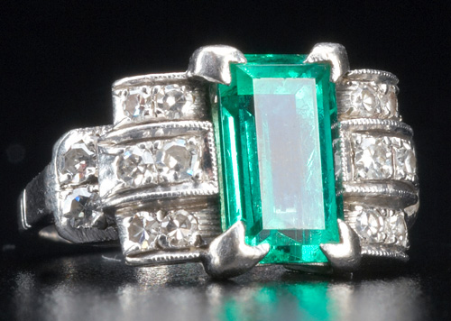 Appraisal: Art Deco Columbian emerald and diamond pt ring Clear baguette-cut