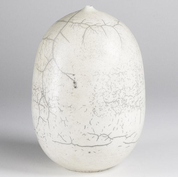 Appraisal: STUDIO POTTERY Ovoid moonpot in crackled ivory glaze with rattle