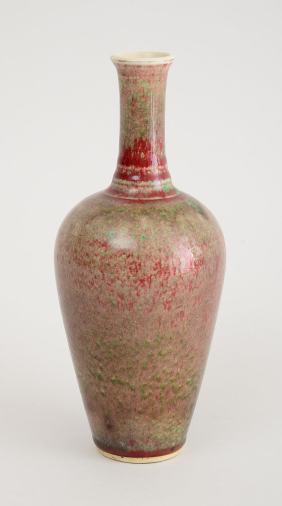 Appraisal: CHINESE SPECKLED PEACH BLOOM-GLAZED PORCELAIN VASE With underglaze blue six-character