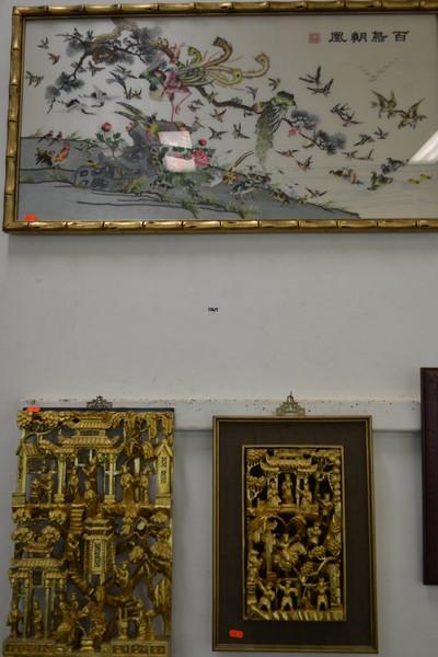 Appraisal: TWO PIERCED GILDED WALL HANGINGS AND A FRAMED SILK NEEDLEWORK