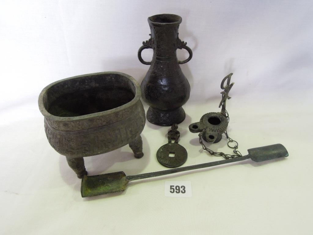 Appraisal: An interesting collection of Chinese bronze including an incense cauldron