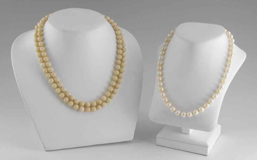 Appraisal: TWO NECKLACES CORAL AND PEARLS '' double strand of mm