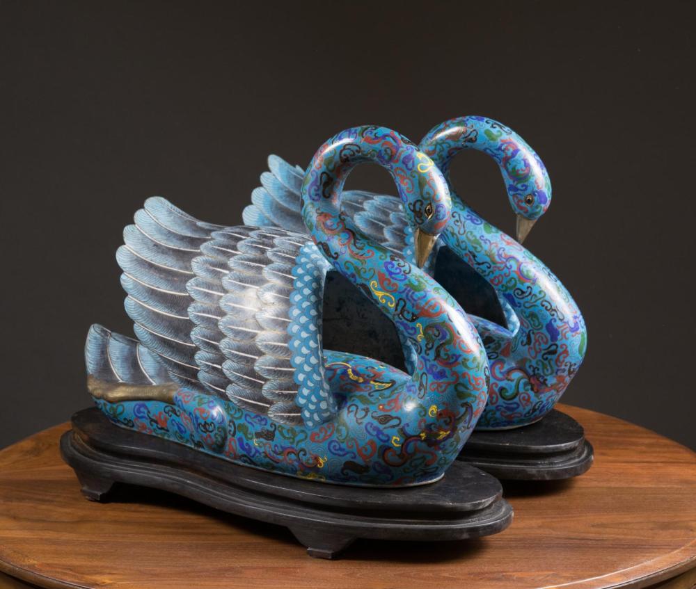 Appraisal: LARGE PAIR OF CHINESE CLOISONNE SWANS ON WOOD STANDS H