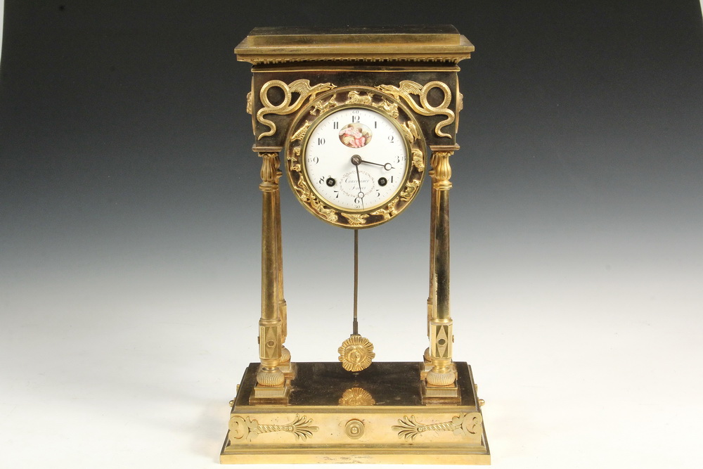 Appraisal: FRENCH PORTICO CLOCK - French Gilt Directoire Style Pillar Mantel