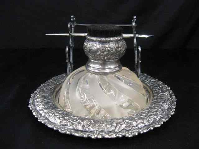 Appraisal: Victorian Silverplate Inkstand swirling glass with repousse floral lid tray