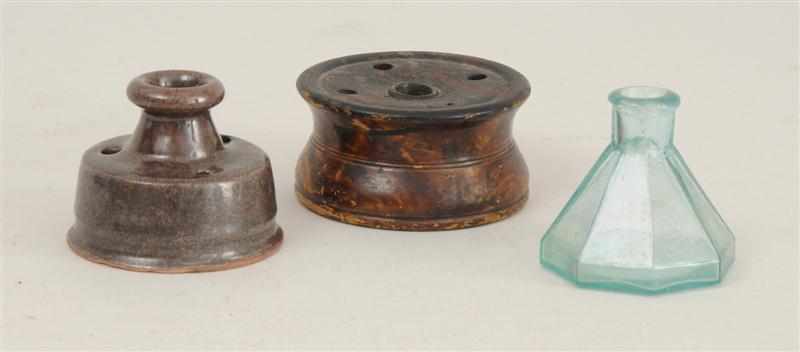 Appraisal: THREE INKWELLS One tortoiseshell stained wood with paper label ''