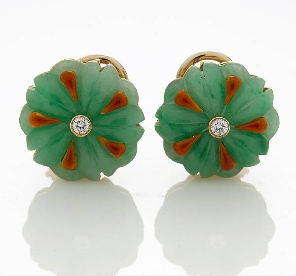 Appraisal: A pair of jadeite jade diamond and enamel clip-earrings Nardi