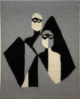 Appraisal: Unsigned Black grey and white composition of two figures with