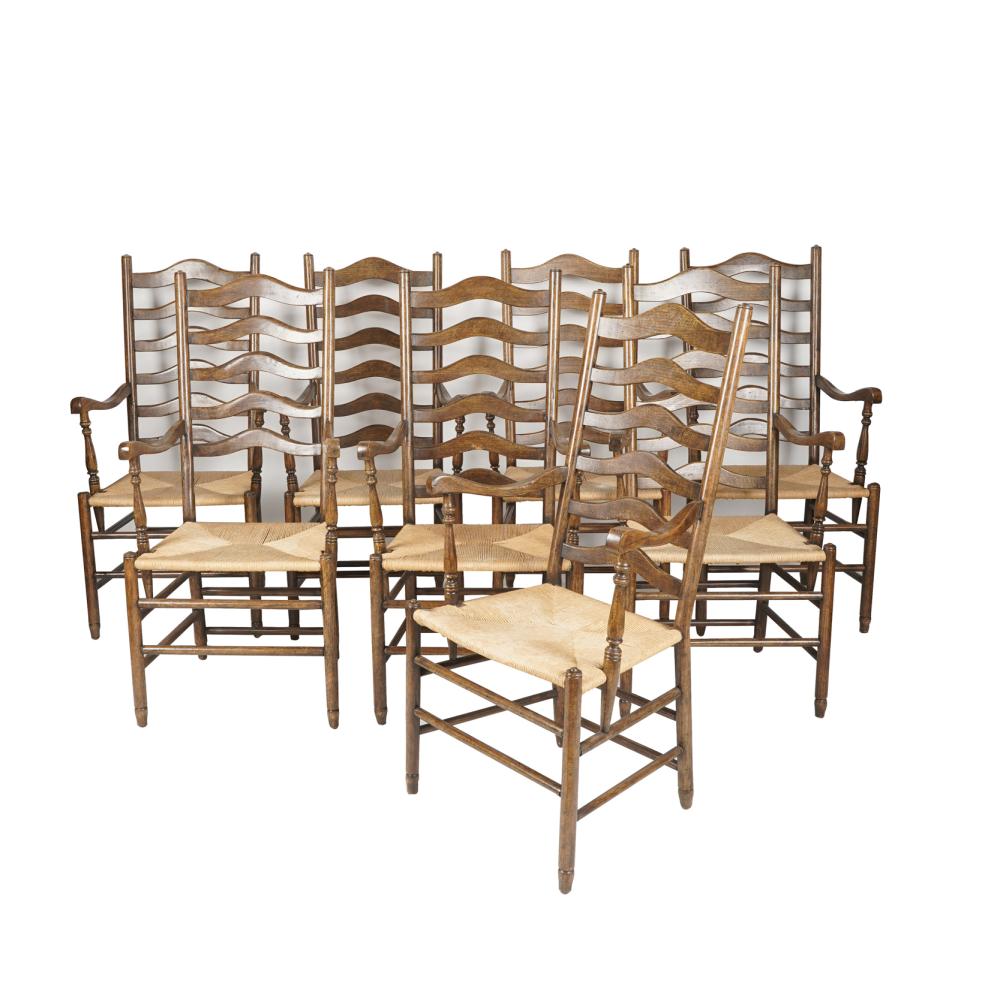 Appraisal: EIGHT LADDERBACK DINING ARMCHAIRSwith woven rush seats inches wide inches