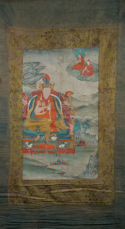 Appraisal: LAMA THANGKA TH CENTURY Depicting three Buddhas two cross-legged Buddhas